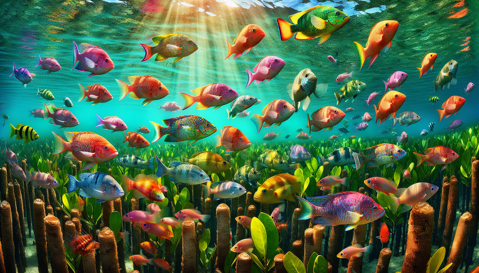 Colorful tropical fish swimming in crystal clear waters of the mangroves