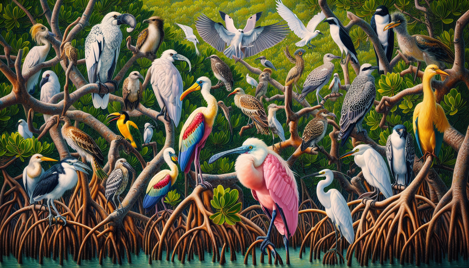 Various bird species perched on mangrove branches in the Florida Keys
