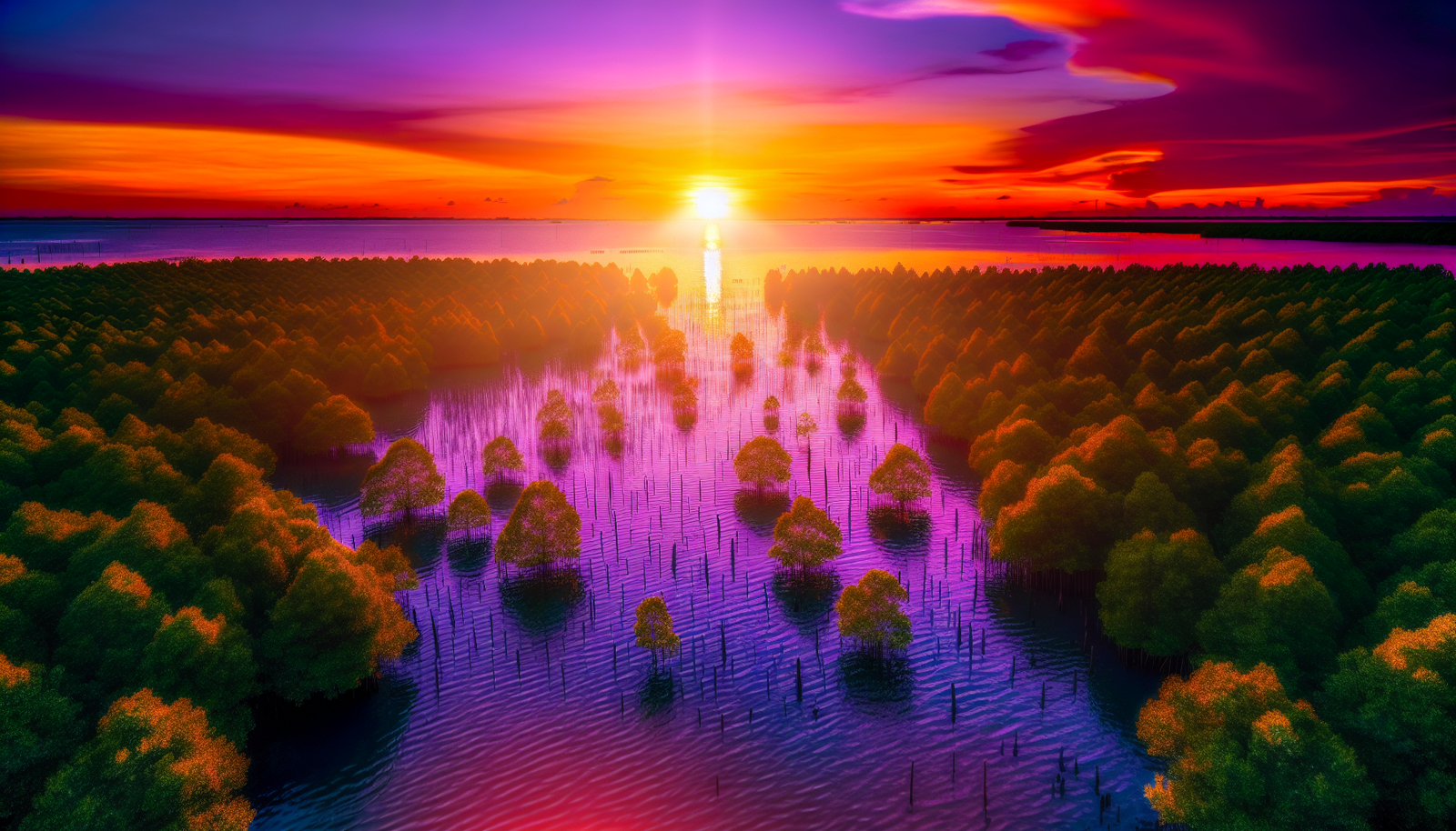 Sunset over the mangrove forest with silhouetted trees