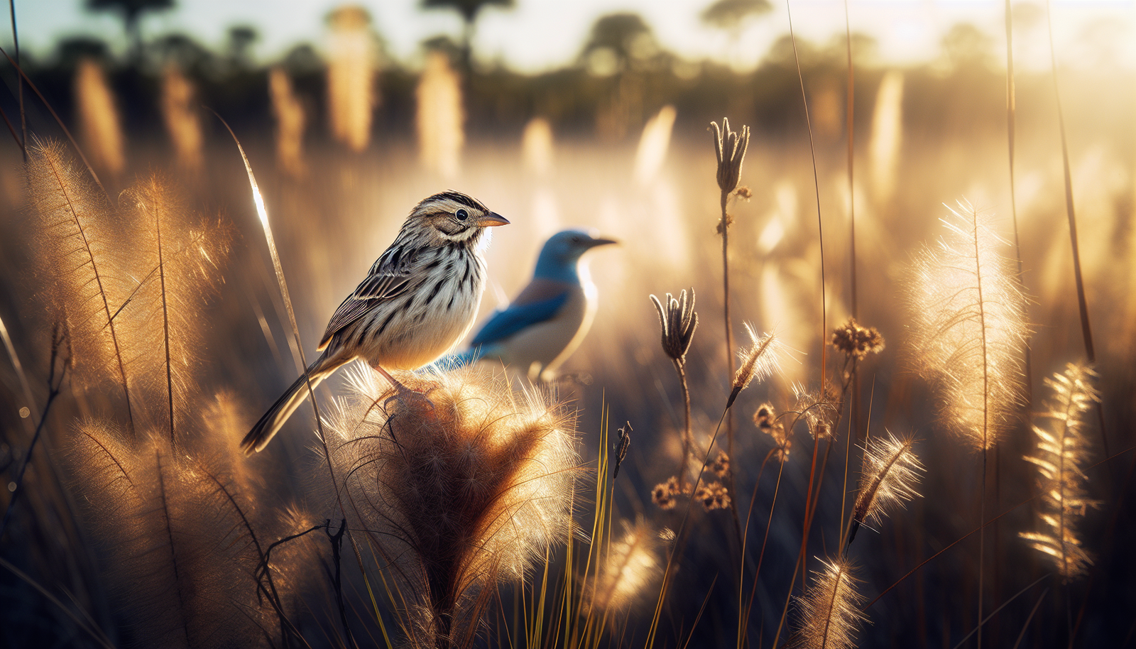 Illustration of Florida Grasshopper Sparrow and Florida Scrub-Jay in their natural habitat