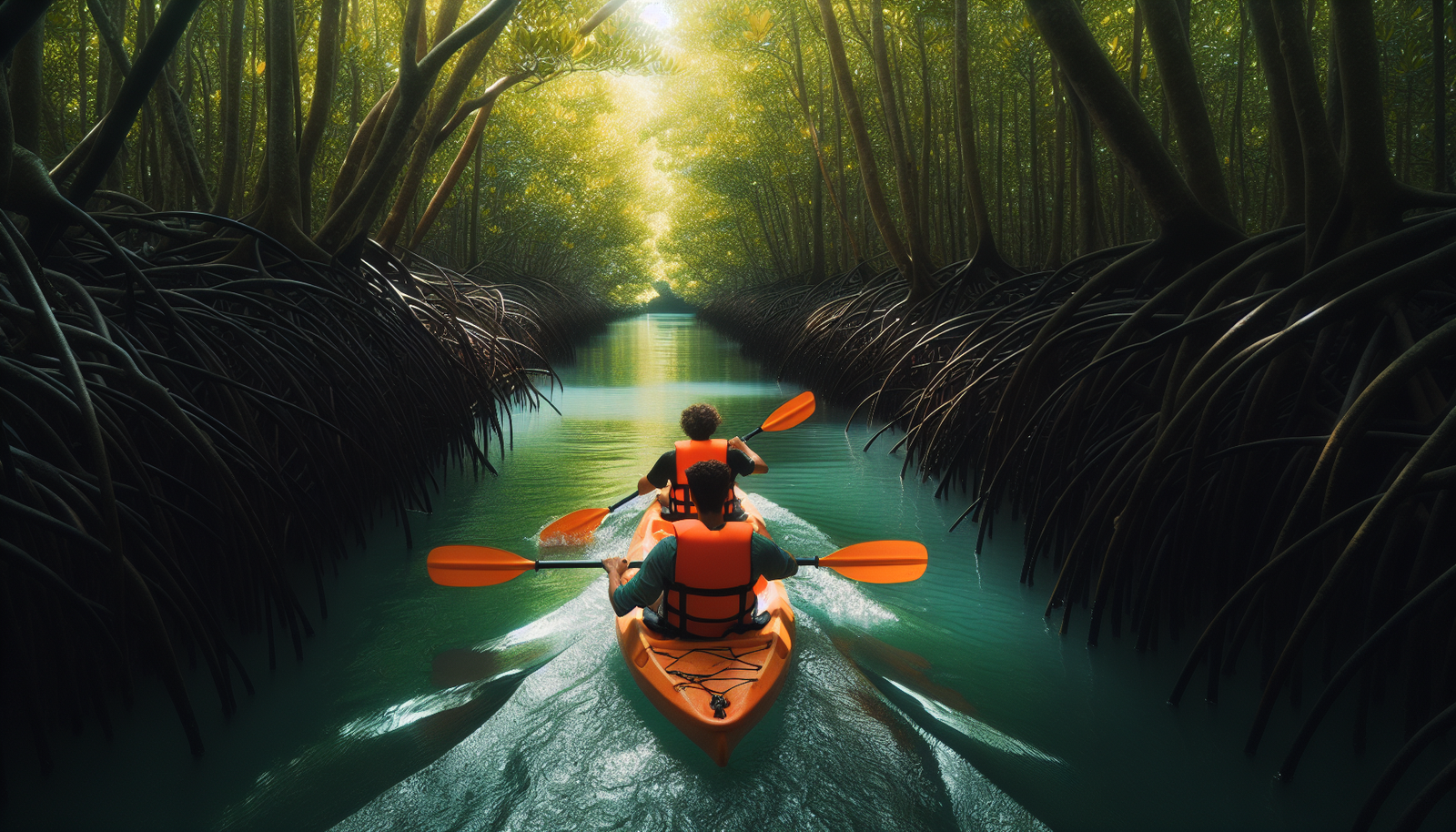 Kayakers paddling through winding mangrove creeks